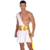 Homem vestindo fantasia de deus grego gladiador, com túnica branca e faixa dourada na cintura.