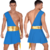 Fantasia masculina de deus grego, com vestido azul e faixa dourada, vista frontal e traseira.