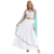 Fantasia de Rainha Romana Feminina com vestido longo branco, faixa dourada e um xale azul claro.