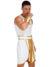 Homem vestido com fantasia de gladiador romano, usando um traje branco com detalhes em dourado.