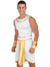 Homem sorridente vestindo uma fantasia de gladiador romano branca e dourada, com detalhes em ouro.