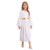 Menina vestindo um vestido de época bíblica infantil, longo e branco, com detalhes em dourado.