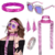 Conjunto de acessórios femininos dos anos 70 e 80, incluindo óculos grandes, tiara, brincos e pulseira em tons de rosa.