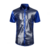 Camisa masculina brilhante com detalhes em paetês, estilo anos 70 e 80, de cor azul.