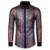 Camisa masculina de manga longa com brilho em cores vibrantes, estilo anos 70 e 80, ideal para festas de discoteca.