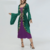 Fantasia Hocus Pocus para mulheres, com vestido verde e roxo, detalhes em dourado e mangas largas.