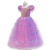 Vestido infantil da Princesa Rapunzel, com detalhes em roxo e rosa, mangas bufantes e saia de tule com bordados florais.