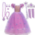 Vestido de Princesa Rapunzel infantil com detalhes em roxo e acessórios, incluindo tiara, varinha e colares.