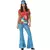 Fantasia feminina inspirada nos anos 70 e 80, com blusa colorida de tie dye e calça flare azul.