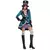 Fantasia feminina Chapeleira Maluca, com vestido azul e detalhes em rosa, chapéu preto e botas altas.