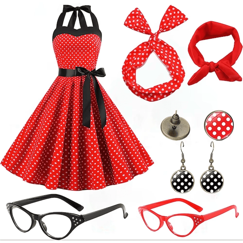 Vestido Rock anos 60 Feminino com Conjunto de Acessórios