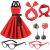 Vestido vermelho de bolinhas brancas com acessórios como lenço e óculos, estilo anos 60.