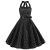 Vestido feminino de rock anos 60 com estampa de bolinhas brancas e laço preto.