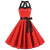 Vestido vermelho com bolinhas brancas e laço preto, estilo anos 60, ideal para fantasias femininas.