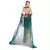 Fantasia feminina de Cleópatra com vestido dourado e capa verde, vista de costas.