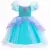 Vestido infantil da princesa Ariel, com corpete brilhante e saia de tule em tons de azul e lilás.
