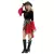 Fantasia de pirata feminina adulta com vestido vermelho e preto, chapéu e espada.