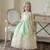 Menina vestida com fantasia da Princesa Tiana, usando um vestido verde e amarelo, segurando uma flor.