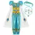 Fantasia infantil da Princesa Jasmine com detalhes em azul e dourado, incluindo blusa, calças e acessórios como tiara e colar.