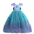 Fantasia infantil da Pequena Sereia Ariel, com um vestido azul e detalhes em roxo, ideal para festas e brincadeiras.