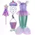Fantasia infantil da Pequena Sereia Ariel com acessórios, incluindo tiara, varinha mágica, colar e bolsa.
