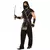 Homem vestido com fantasia de ninja samurai, segurando uma espada, com capuz e detalhes dourados.