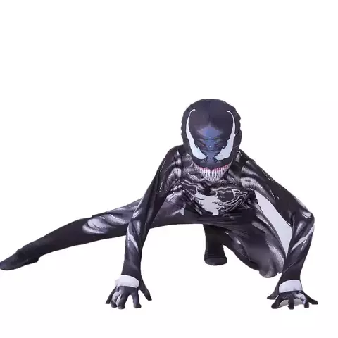 Fantasia do Homem Aranha Venom Infantil, modelo em pose de aranha, com detalhes em preto e branco.