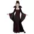 Fantasia de vampira infantil com vestido preto e detalhes em vermelho, mangas largas e gola alta.