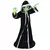 Fantasia infantil de alienígena com capuz, em preto com detalhes prateados e luvas verdes.