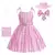 Fantasia infantil Barbie em estampa xadrez rosa, incluindo vestido, chapéu, laço e bolsa.