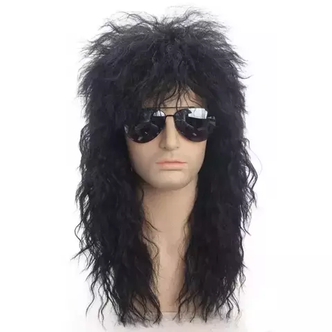 Peruca longa de rock star estilo anos 70 e 80 com cabelos cacheados e óculos escuros.