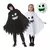Crianças vestindo fantasias de Halloween luminosas, uma em preto e outra em branco com capuz e rosto assustador estampado