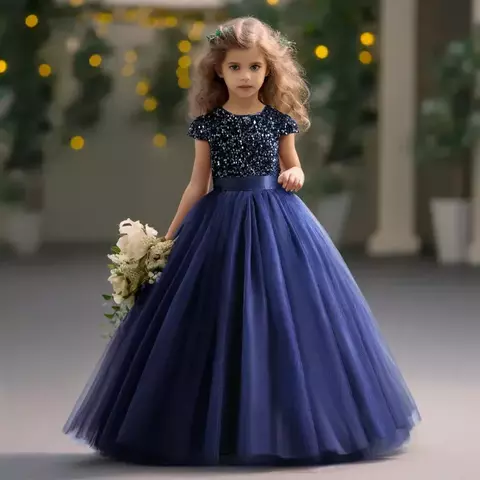 Menina vestindo vestido longo de princesa infantil azul com lantejoulas e saia rodada, segurando buquê de flores