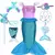Fantasia infantil da Pequena Sereia Ariel com vestido azul e rosa, acessórios incluindo tiara, varinha, bolsa de lantejoulas, faixa de cabeça floral e conjunto de colar, pulseira e brincos