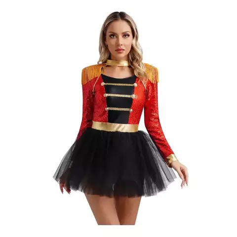 Fantasia de Paquita Body Feminina Adulta com detalhes em vermelho e preto, e saia de tule preta.