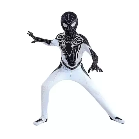 Criança vestindo fantasia do Homem-Aranha Zona Negativa, em pose de ação.