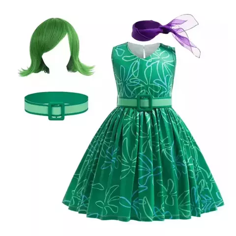 Fantasia infantil completa com vestido verde, faixa roxa e peruca verde, inspirada no personagem Nojinho do filme Divertidamente.