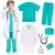 Fantasia de médico infantil com 6 peças, incluindo jaleco, camiseta azul, calças, estetoscópio e acessórios.