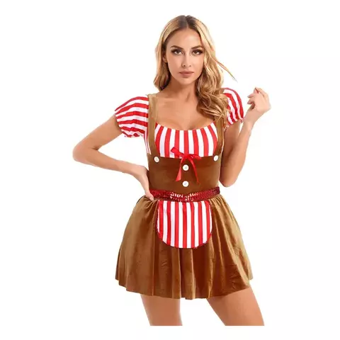 Traje de garçonete americana feminina com listras vermelhas e brancas, saia marrom e detalhes brilhantes.