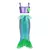 Fantasia infantil de princesa sereia com saia azul e verde, top roxo, acessórios incluindo tiara, varinha mágica, colar, brincos, anel, óculos de concha e bolsa rosa brilhante