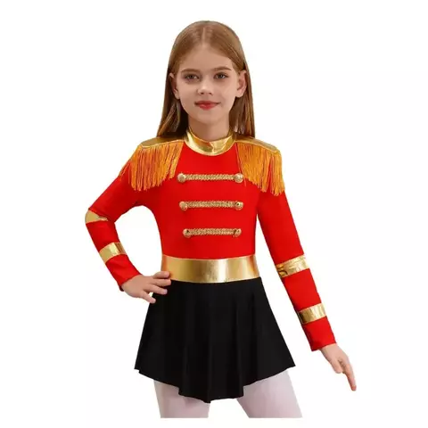 Fantasia de Paquita Infantil com detalhes em vermelho e dourado, incluindo franjas e saia preta.