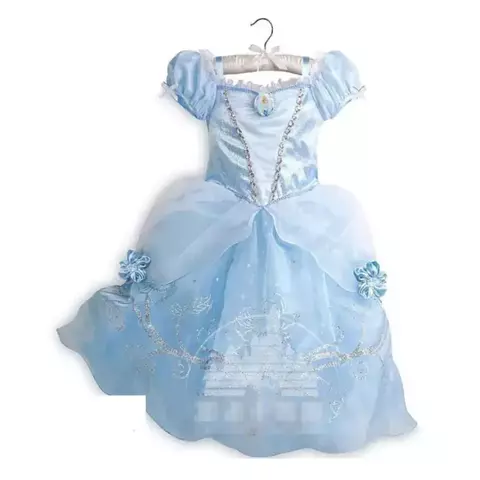 Vestido azul infantil estilo princesa, com detalhes em dourado e rosa na cintura, perfeito para fantasias de meninas.
