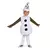 Criança vestindo fantasia de boneco de neve Olaf, com corpo branco e detalhes em preto, sorrindo e com braços abertos.