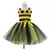 Vestido de abelhinha infantil com detalhes em amarelo e preto, incluindo asas e acessórios como tiara e varinha.
