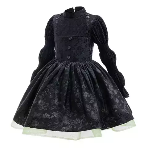 Vestido infantil preto com mangas bufantes e saia rodada, fantasia inspirada em Elphaba, a Bruxa Malvada do musical Wicked