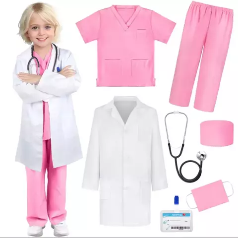 Fantasia de médico infantil com 6 peças, incluindo jaleco, camiseta rosa, calças, estetoscópio e acessórios.