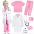Fantasia de médico infantil com 6 peças, incluindo jaleco, camiseta rosa, calças, estetoscópio e acessórios.