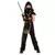 Menino vestido de ninja com espada, fantasia infantil em preto e detalhes dourados.