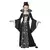 Menina vestida com fantasia infantil de vampira para Halloween, com vestido longo preto e detalhes em branco, mangas largas e gola alta