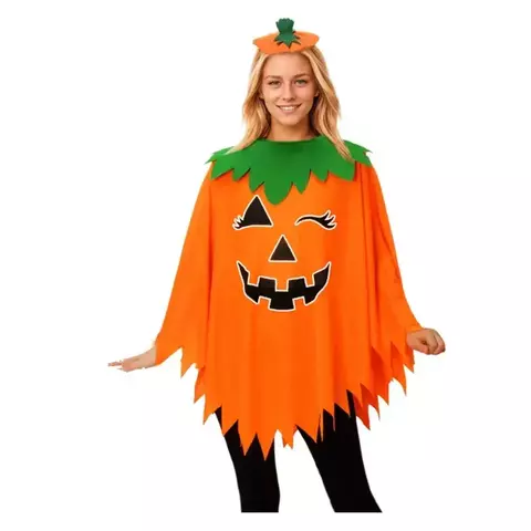 Traje de Halloween adulto em formato de abóbora, com detalhes em verde e rosto sorridente, usado por uma mulher.